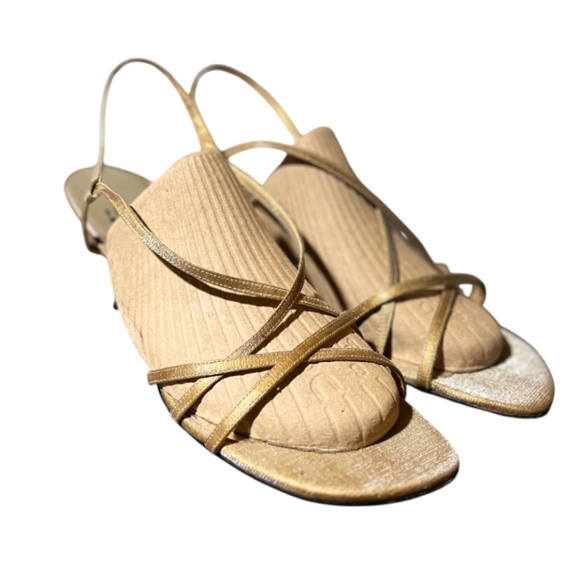 Stuart Weitzman Gold Strappy Kitten Heel Sandals - Picture 8 of 10